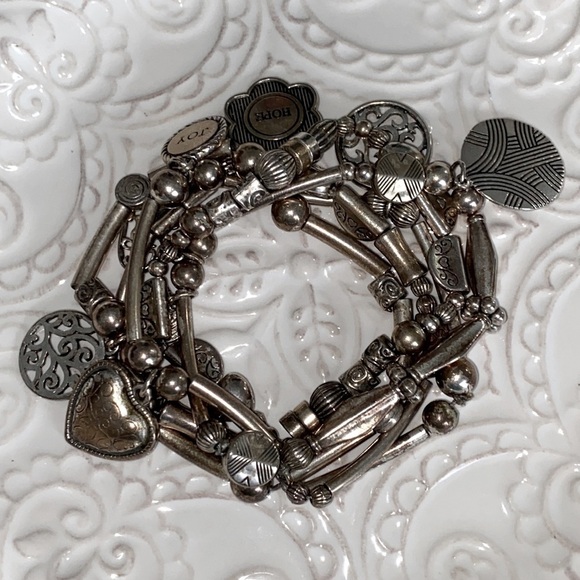 Lia Sophia Menagerie Charm Stretch Multi Strand Matte Silver Bracelet Bohemian - Picture 10 of 11